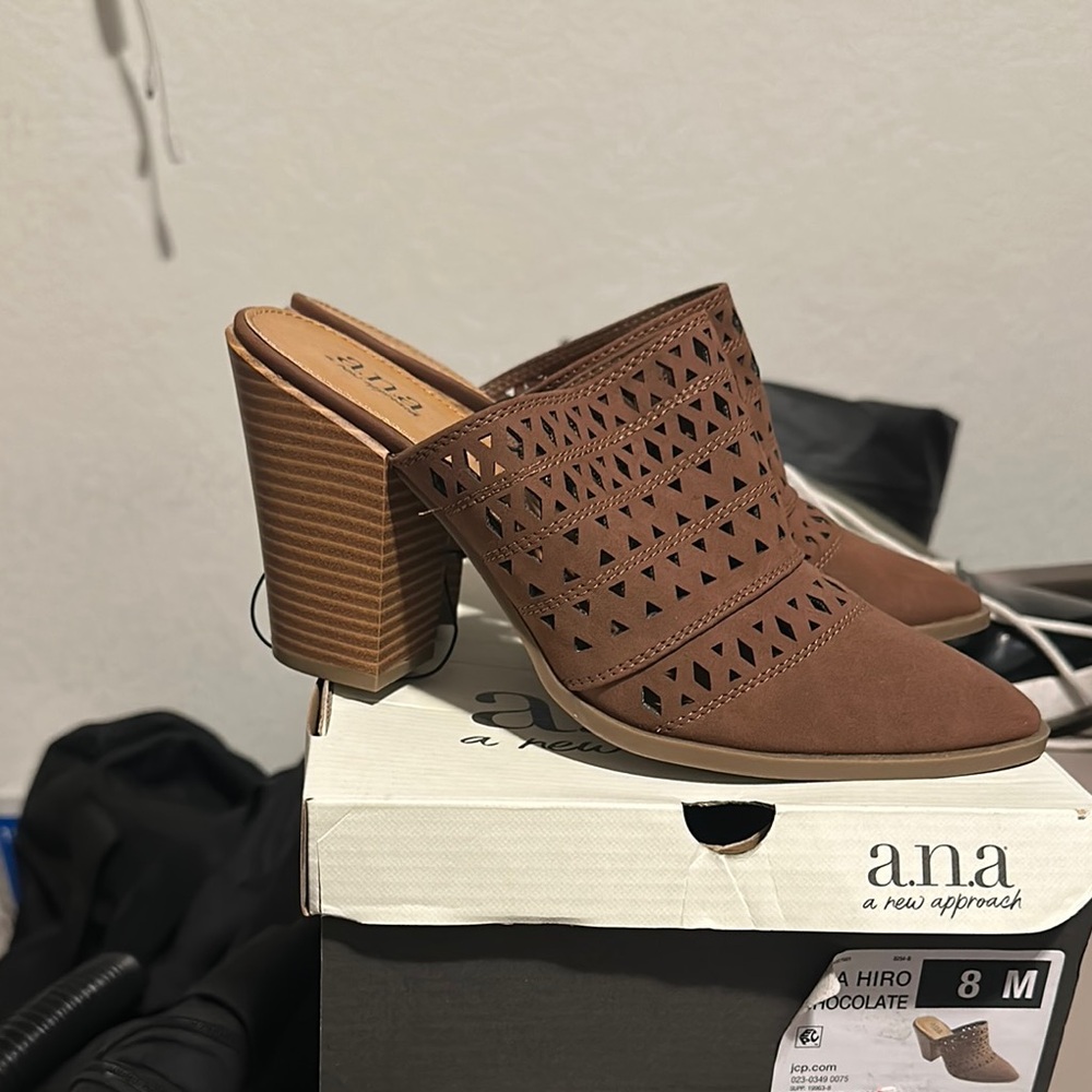 A.N.A Brown Perforated Leather Mules with Block Heel